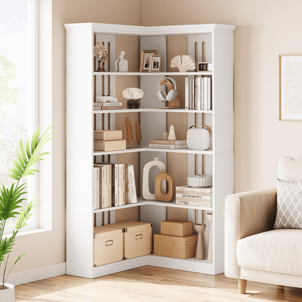 L Shaped Corner Bookshelf 5 Tier Large Wood Display Bookshelf 90° Corner Standing Bookcase