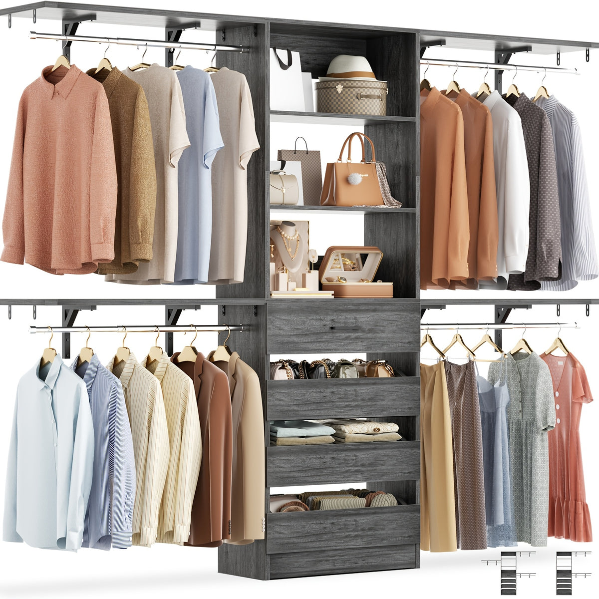 Aheaplus Closet System, Wood Closet Organizer Starter Kit with 4 Drawers, 8ft Closet Organizer System, 96'' Walk-in Closet Wardrobe Clothes Rack with 4 Hanging Rods, Shelves, Adjustable Garment Rack, Cut Fits Spaces 4-9ft