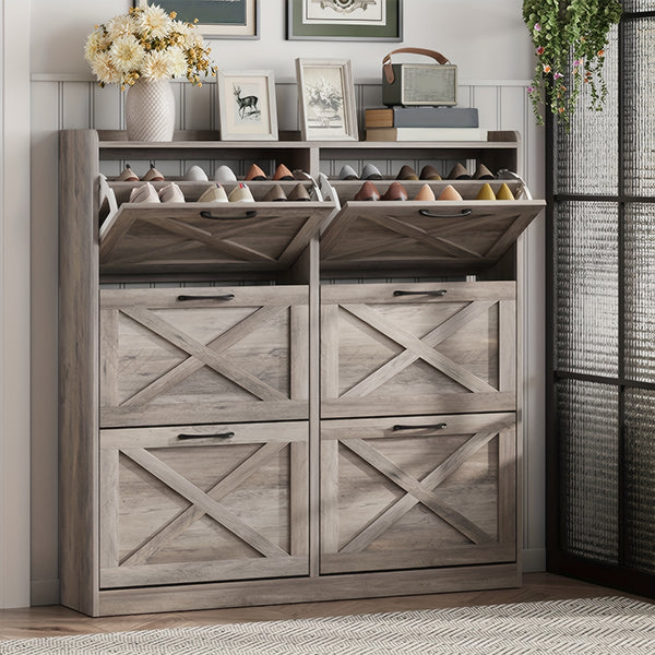Washed Gray Shoe Storage Cabinet With 6 Flip Drawers - Narrow Freestanding Shoe Cabinet And Shoe Storage Organizer With Metal Handles For Entryway, Large Shoe Rack Organizer, Modern Farmhouse Shoe Rack, Ideal For Shoe Racks