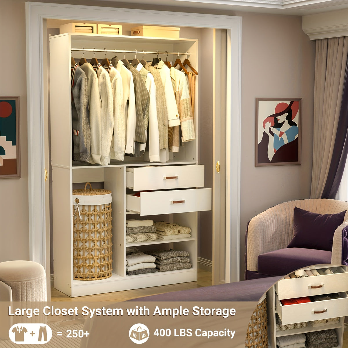 iSunirm Freestanding Closet System With Suitcase Storage, 40 Inches Stand-alone Wardrobe With 2 Wood Drawers, 80'' Height Adjustable Cloth Garment Rack, Walk-in Closet With Hanging Rod