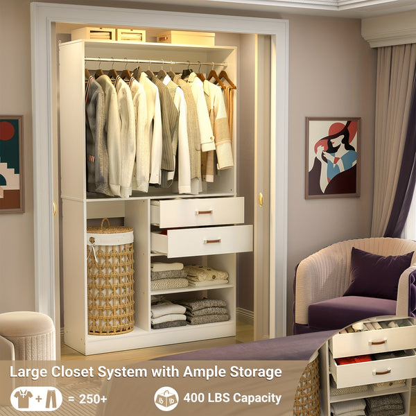 iSunirm Freestanding Closet System With Suitcase Storage, 40 Inches Stand-alone Wardrobe With 2 Wood Drawers, 80'' Height Adjustable Cloth Garment Rack, Walk-in Closet With Hanging Rod