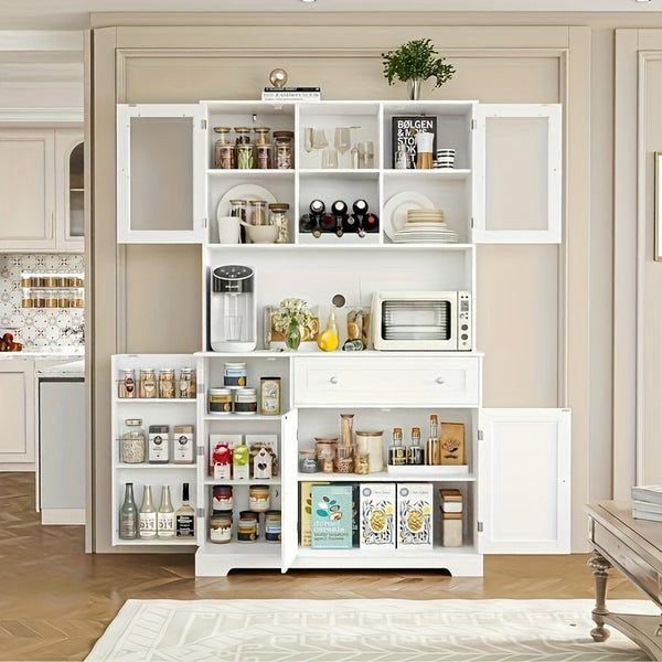 Modern Storage Cabinet GAOMON Modern Tall Cabinet with Doors, Drawers & Microwave Rack | 67.9 Inch Freestanding Food Storage Organizer with Open Storage Space for Living Room, Bedroom, Bathroom, Kitchen, Dining Room (White)