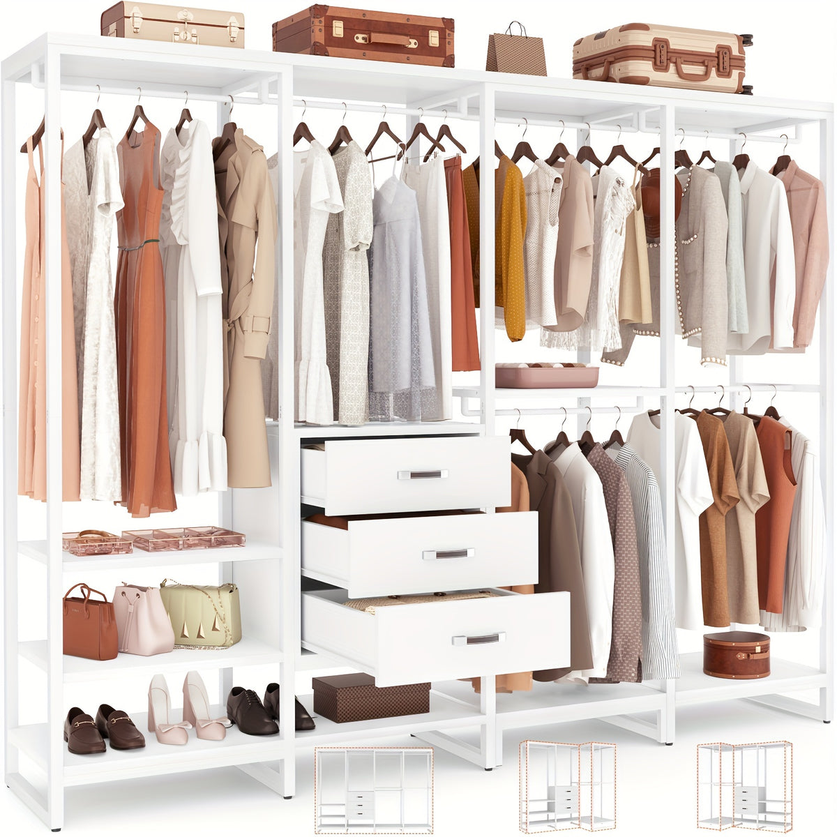 Wooden Closet Organizer Heavy Duty Wooden Closet Rack, Convertible L-Shaped Closet Storage with 3 Wooden Drawers