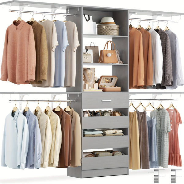 Aheaplus Closet System, Wood Closet Organizer Starter Kit with 4 Drawers, 8ft Closet Organizer System, 96'' Walk-in Closet Wardrobe Clothes Rack with 4 Hanging Rods, Shelves, Adjustable Garment Rack, Cut Fits Spaces 4-9ft