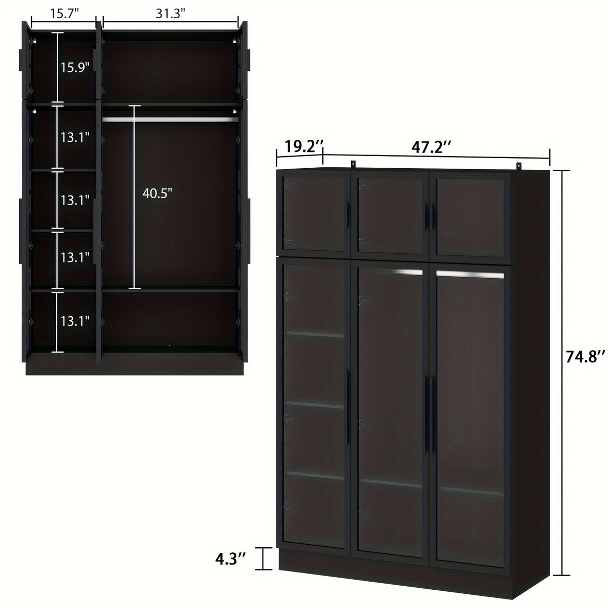 Modern Combo Armoire with All-Glass Doors & Solid Metal Frame, Diverse Storage Compartments, 74.8\