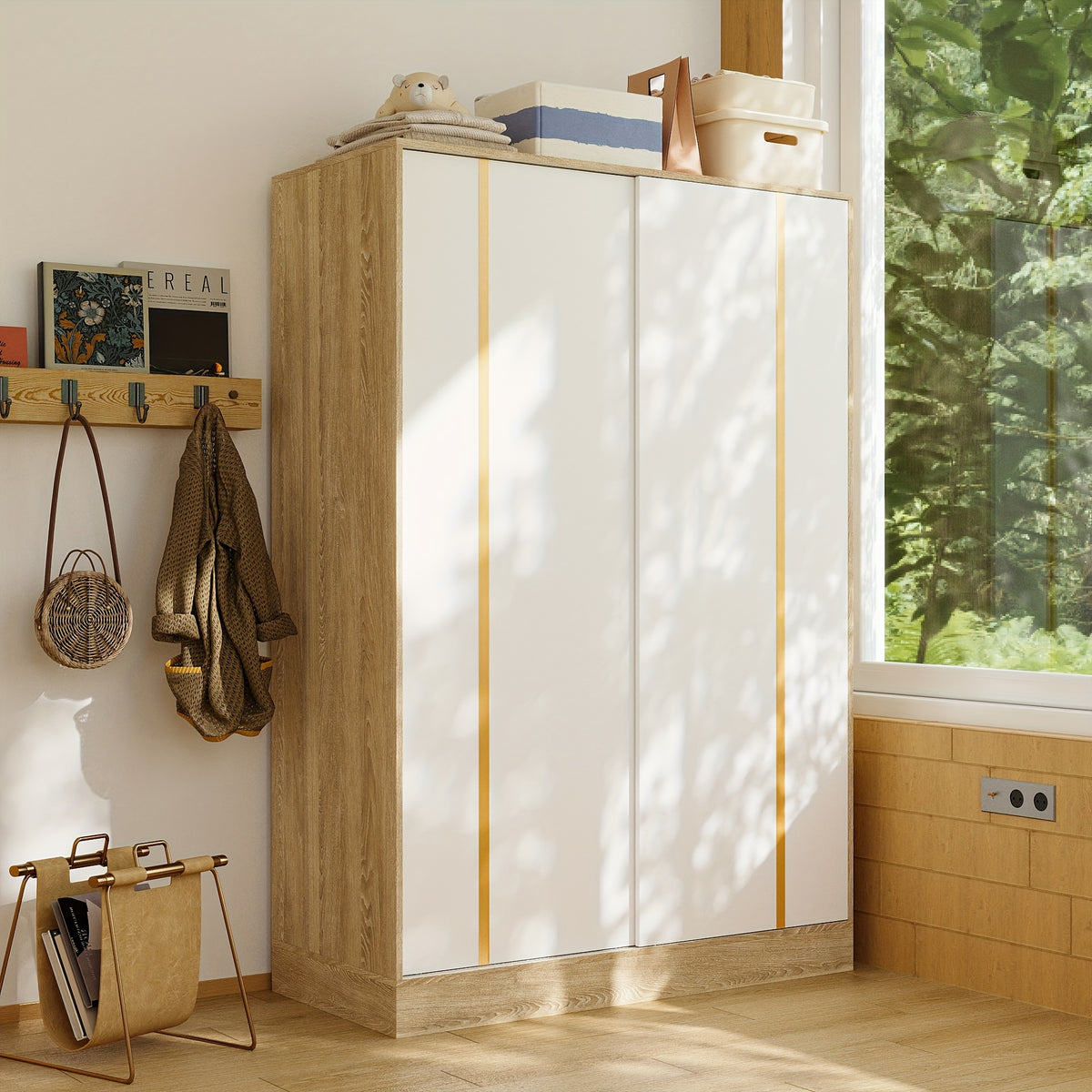 69.7'' Tall Large Wardrobe Armoire Closet With Storage Shelves & Hanging Rod, Wardrobe Closet With White Sliding Door Panel & Golden Metal Strip, Modern Wardrobe Cabinet For Bedroom, Clothes Organizer And Storage, With Anti Dumping Device