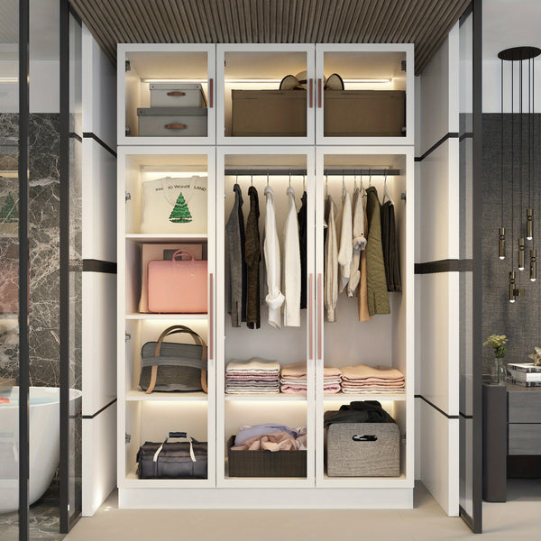 Modern Combo Armoire with All-Glass Doors & Solid Metal Frame, Diverse Storage Compartments, 74.8\