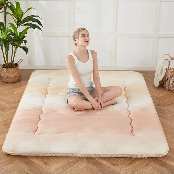 Cream Gradient Japanese Futon Mattress with Portable Storage Bag – Thick Roll-Up Tatami for Camping, Guest Room, or Home Use, Memory Foam Comfort, Hand Wash Only, Versatile Floor Mattress | Modern Aesthetic | Soft Texture Surface