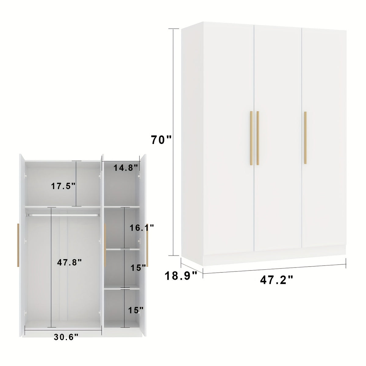 3 Door Large Wardrobe, 4 Folding Storage Area, Hanging Area, Bedroom Storage Wardrobe (70\