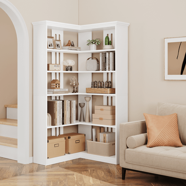 L Shaped Corner Bookshelf 5 Tier Large Wood Display Bookshelf 90° Corner Standing Bookcase