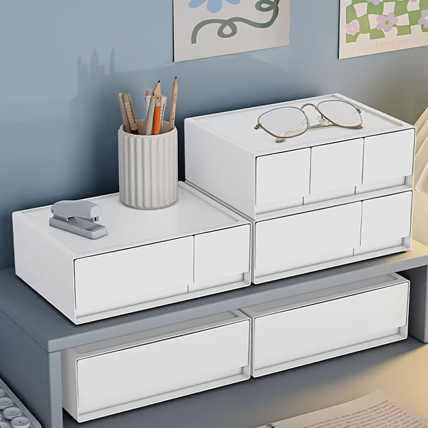 Modern White Multi-Tier Sliding Storage Cabinet with Smooth Sliding Drawers - Heavy-Duty Plastic Organizer with Black Legs & White Drawers for Home Office, Bedroom, Bathroom - Space-Saving Organizer with Top Shelf & Spacious Drawers - Durable Plastic Cons