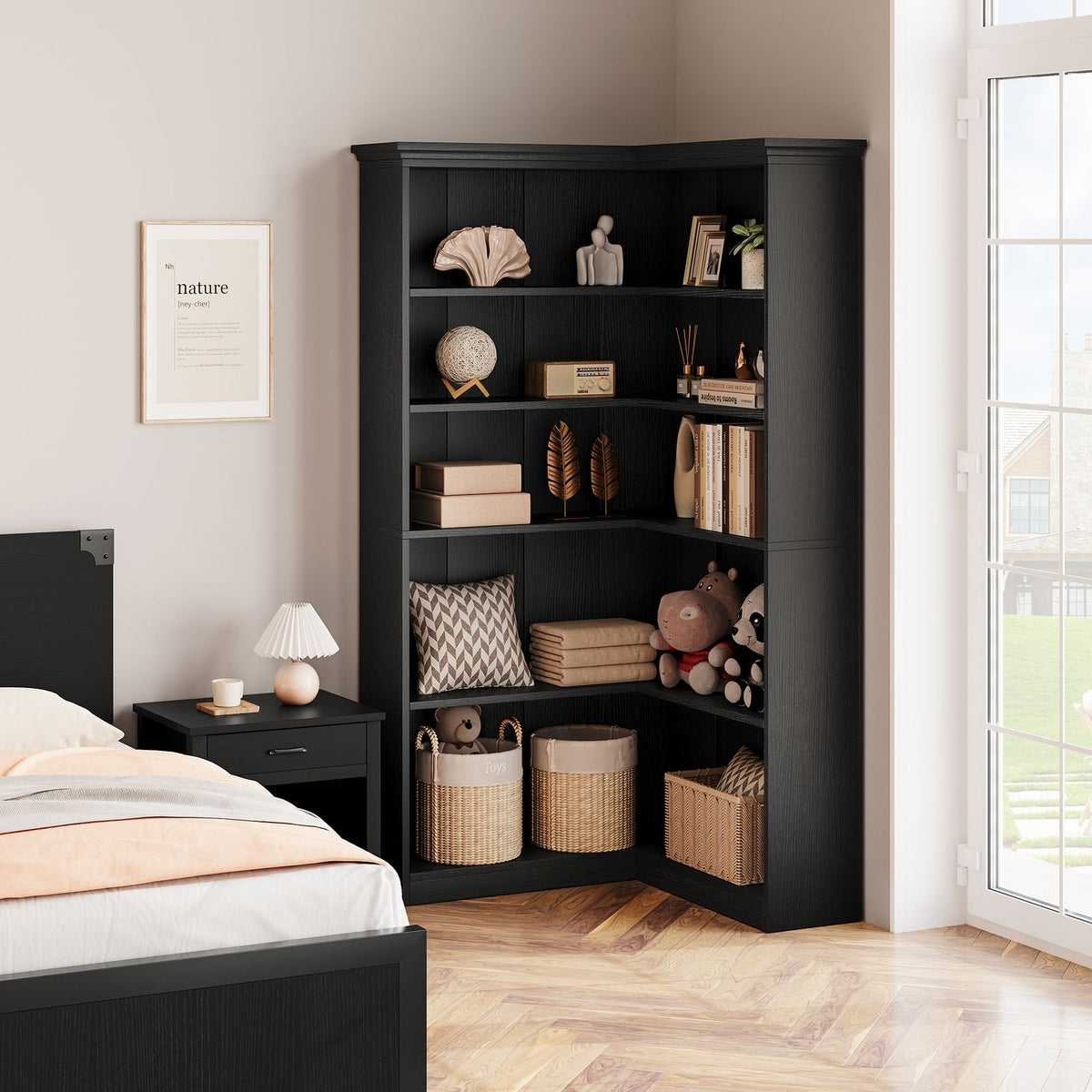 Heavy-Duty Corner Panel Bookcase - Black Modern L-Shaped Bookshelf with Curved Shelves, Space-Saving Freestanding Storage Shelf for Home Office, Living Room, Study - Easy Assembly, Sturdy Shelf Organizer (27\