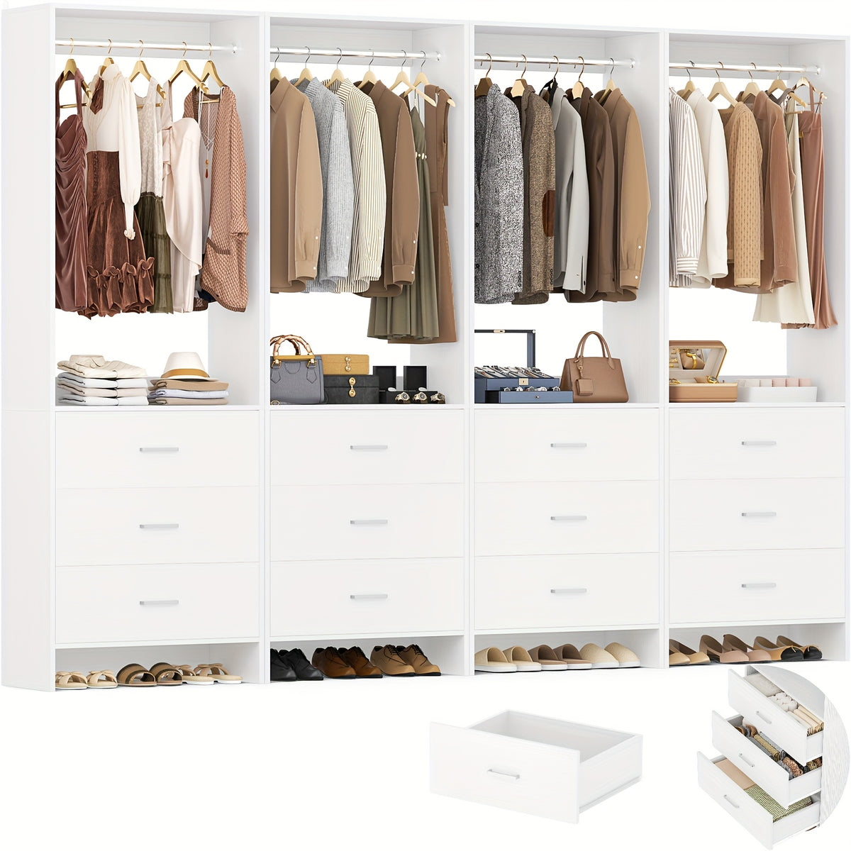 Aheaplus Closet System WithDrawers, Closet Organizer, Wood Closet Organizer System, Walk-in Closet Or Small Closets Wardrobe, Clothes Rack With Hanging Rods