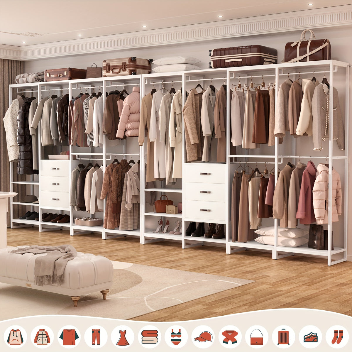 Wooden Closet Organizer Heavy Duty Wooden Closet Rack, Convertible L-Shaped Closet Storage with 3 Wooden Drawers