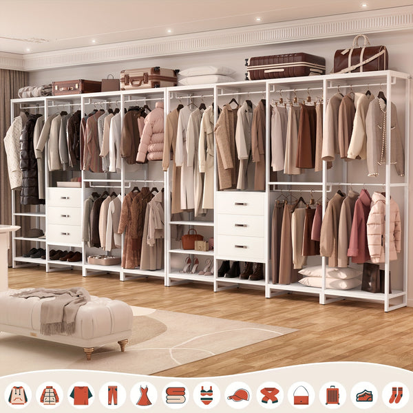 Wooden Closet Organizer Heavy Duty Wooden Closet Rack, Convertible L-Shaped Closet Storage with 3 Wooden Drawers