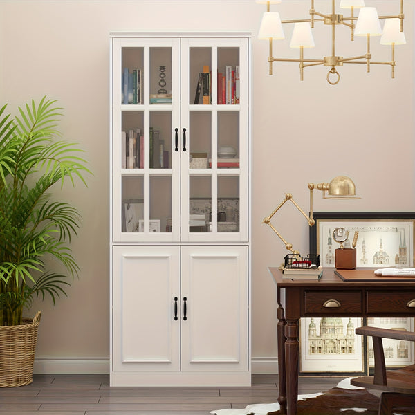 Elegant Bookcase Bookshelf Storage Cabinet with Glass Doors, Large Display Cabinet with Multi Layer Storage Shelves for Living Room And Office, Large Storage Space, White