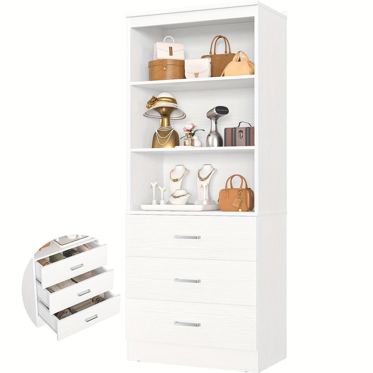 Wardrobe 2pcs Set, Wardrobe Organizer with 3 Drawers, Wooden Storage Tower, Walk-In Closet Or Small Closet, Hanger with Shelves, Modular Wardrobe Organizer, Drawer Wardrobe Organizer And Storage