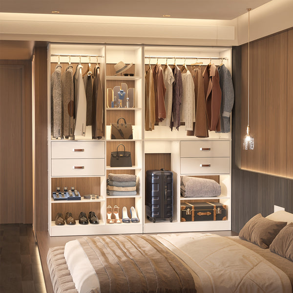 iSunirm Freestanding Closet System With Suitcase Storage, 40 Inches Stand-alone Wardrobe With 2 Wood Drawers, 80'' Height Adjustable Cloth Garment Rack, Walk-in Closet With Hanging Rod