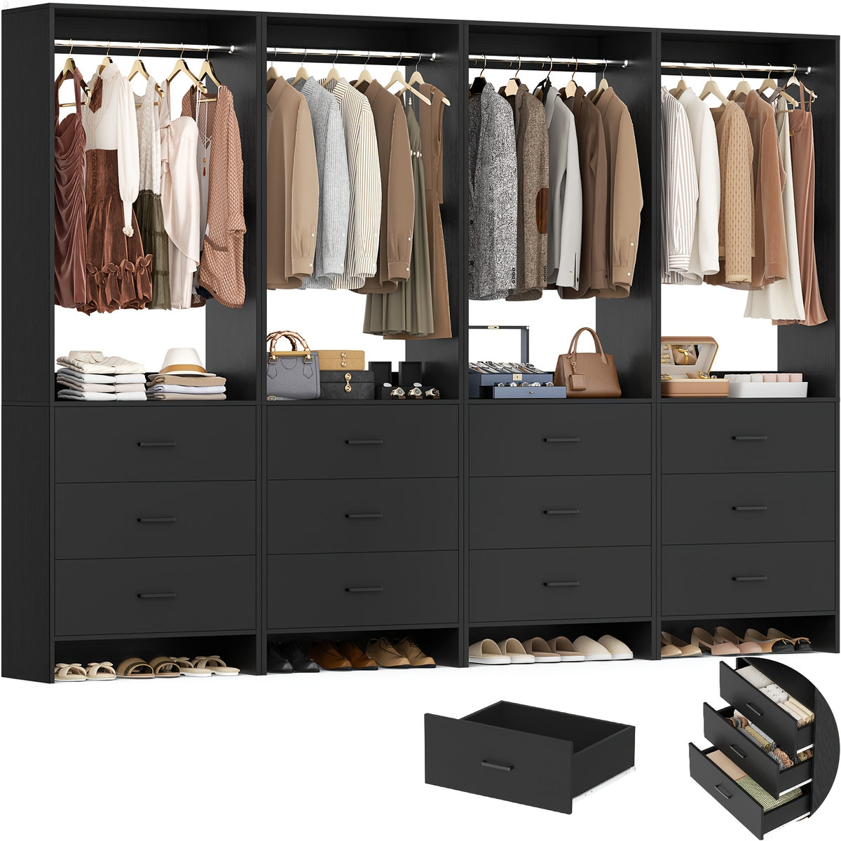 Aheaplus Closet System WithDrawers, Closet Organizer, Wood Closet Organizer System, Walk-in Closet Or Small Closets Wardrobe, Clothes Rack With Hanging Rods