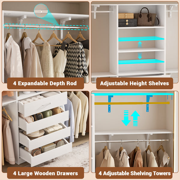 Aheaplus Closet System, Wood Closet Organizer Starter Kit with 4 Drawers, 8ft Closet Organizer System, 96'' Walk-in Closet Wardrobe Clothes Rack with 4 Hanging Rods, Shelves, Adjustable Garment Rack, Cut Fits Spaces 4-9ft