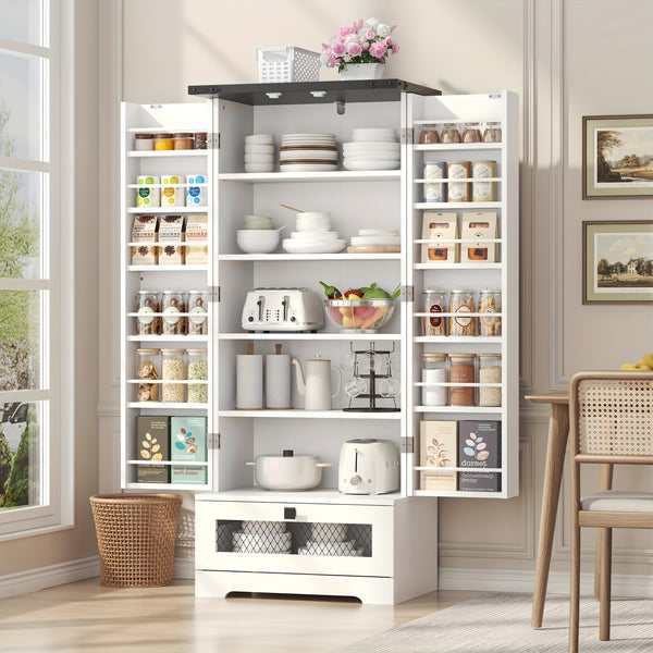 55'' Pantry Cabinet, Kitchen Pantry Storage Cabinet With Adjustable Shelves And Drawer, Wooden Kitchen Storage Cabinet, Buffet Cupboards Cabinet For Kitchen, Living Room, Bathroom, Dining Room, Storage Drawer Units