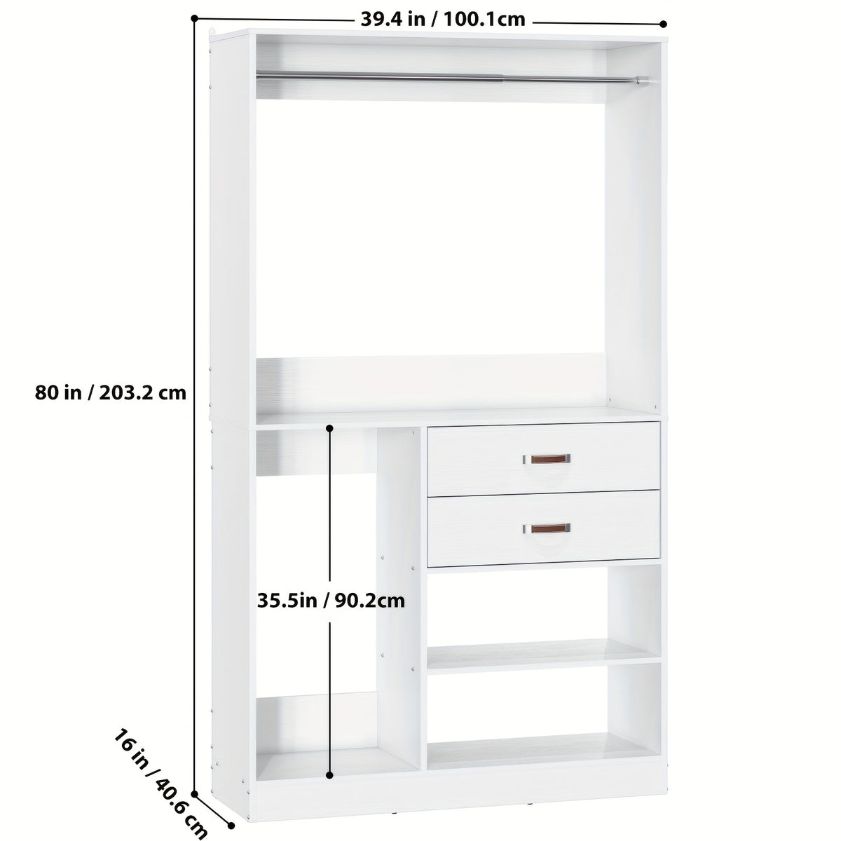 iSunirm Freestanding Closet System With Suitcase Storage, 40 Inches Stand-alone Wardrobe With 2 Wood Drawers, 80'' Height Adjustable Cloth Garment Rack, Walk-in Closet With Hanging Rod