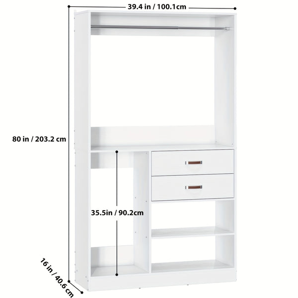 iSunirm Freestanding Closet System With Suitcase Storage, 40 Inches Stand-alone Wardrobe With 2 Wood Drawers, 80'' Height Adjustable Cloth Garment Rack, Walk-in Closet With Hanging Rod