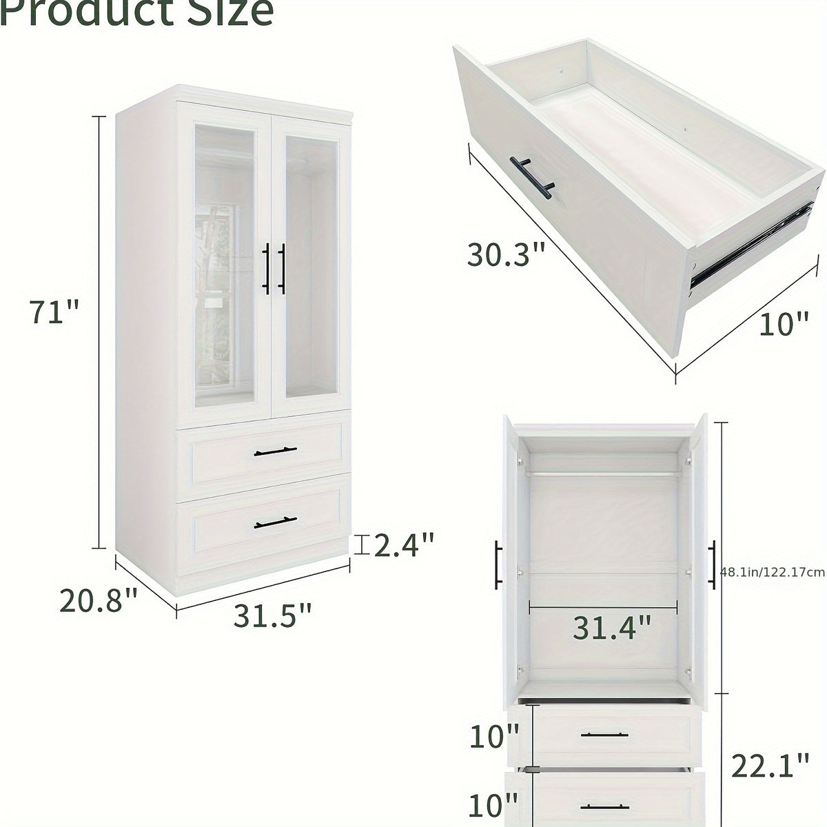 Modern White Wooden Wardrobe with 2 Drawers & Hanging Rods – Freestanding Bedroom Armoire Closet for Storage and Organization, Includes Transparent Doors and Side Pockets, Portable Closet