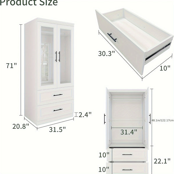 Modern White Wooden Wardrobe with 2 Drawers & Hanging Rods – Freestanding Bedroom Armoire Closet for Storage and Organization, Includes Transparent Doors and Side Pockets, Portable Closet