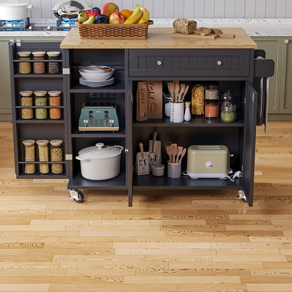 Modern Mobile Kitchen Island Cart with Drop Leaf Table, Storage Cabinet & Doors, Spice Rack, Drawer, Towel Rack - Rolling Cabinet on Wheels, Space-Saving Buffet Sideboard for Small Kitchens, Dining Room, Parties - Durable Non-Wood Design