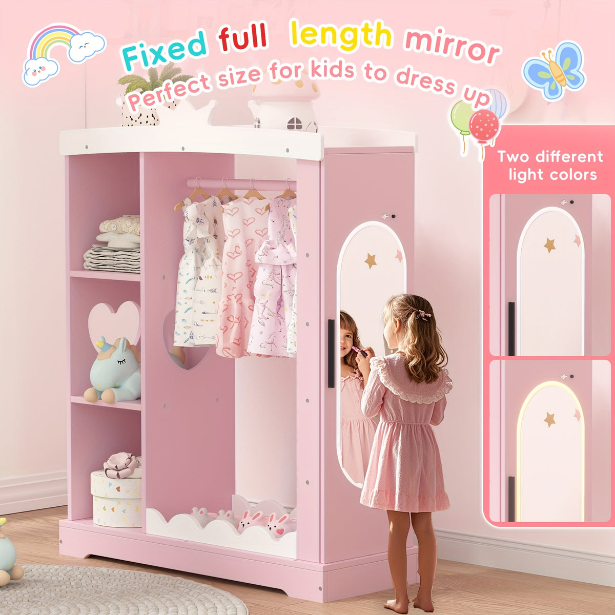 Pink Modern Kids Dress-Up Closet with Dual Mirrors, Jewelry Storage & Crown Top - Sturdy MDF Organizer with Hanging Rod, Shelves & Shoe Storage for Teen Girls Bedroom, 34.6\