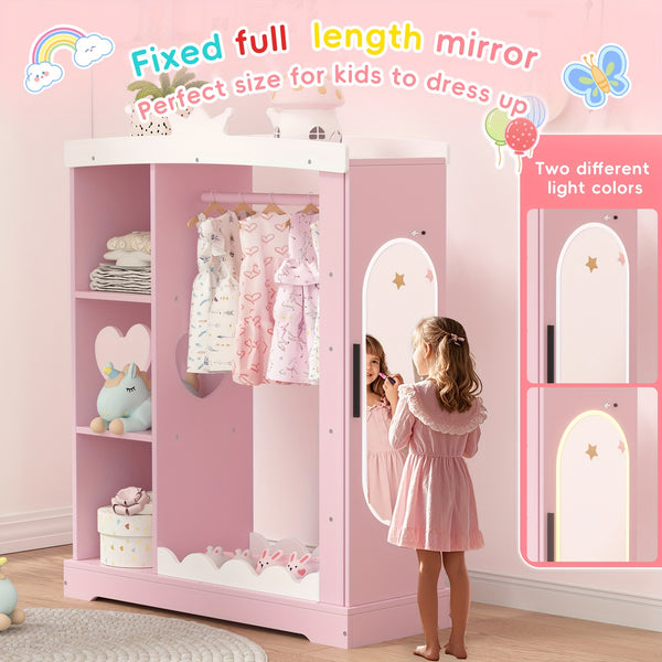 Pink Modern Kids Dress-Up Closet with Dual Mirrors, Jewelry Storage & Crown Top - Sturdy MDF Organizer with Hanging Rod, Shelves & Shoe Storage for Teen Girls Bedroom, 34.6\