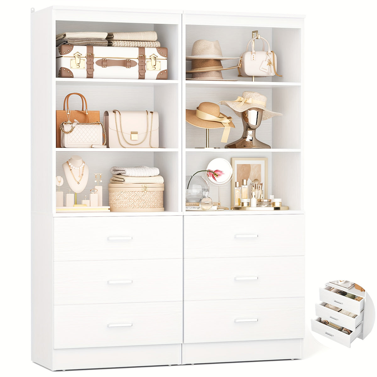 Wardrobe 2pcs Set, Wardrobe Organizer with 3 Drawers, Wooden Storage Tower, Walk-In Closet Or Small Closet, Hanger with Shelves, Modular Wardrobe Organizer, Drawer Wardrobe Organizer And Storage