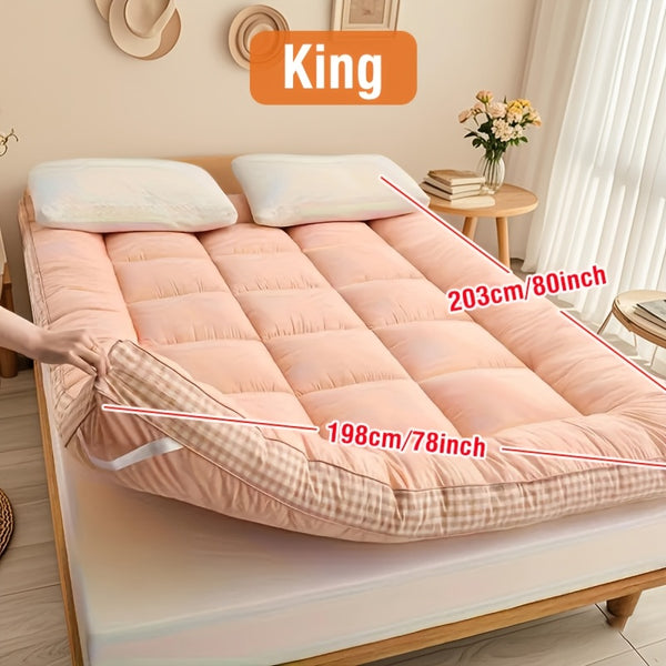 1pc 1200gsm Roll Up Mattress, Blue Green Pink Topper - 3.15-3.94inch Thick Quilted Bed Topper With Checkered Border, Thick Tatami Mat Sleeping Pad, Machine Washable, For Sofa Bed, Guest Room, Home Decor, Sofa Bed Mattress, Best Gifts For Family