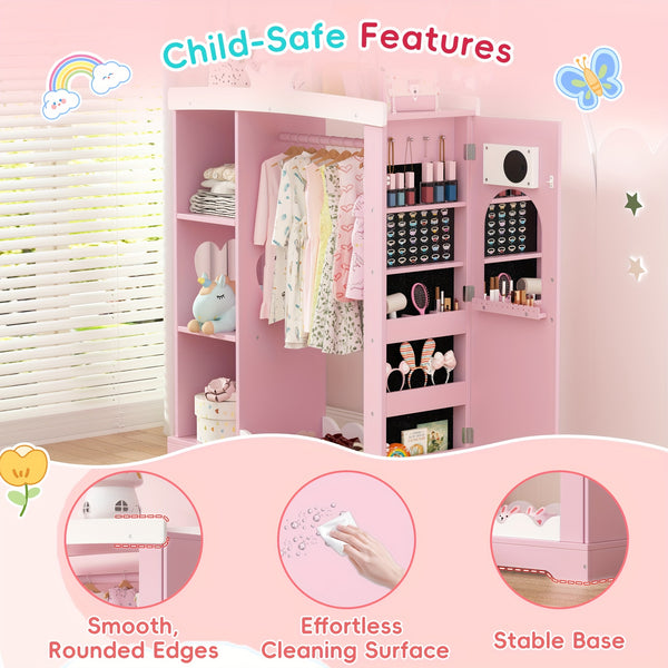 Pink Modern Kids Dress-Up Closet with Dual Mirrors, Jewelry Storage & Crown Top - Sturdy MDF Organizer with Hanging Rod, Shelves & Shoe Storage for Teen Girls Bedroom, 34.6\