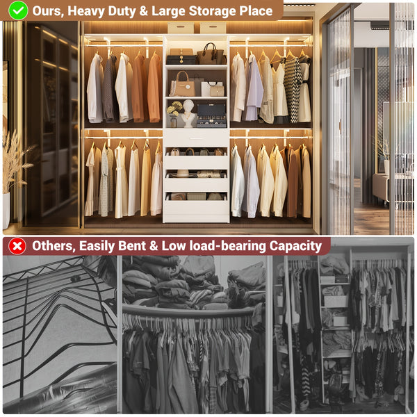 Aheaplus Closet System, Wood Closet Organizer Starter Kit with 4 Drawers, 8ft Closet Organizer System, 96'' Walk-in Closet Wardrobe Clothes Rack with 4 Hanging Rods, Shelves, Adjustable Garment Rack, Cut Fits Spaces 4-9ft