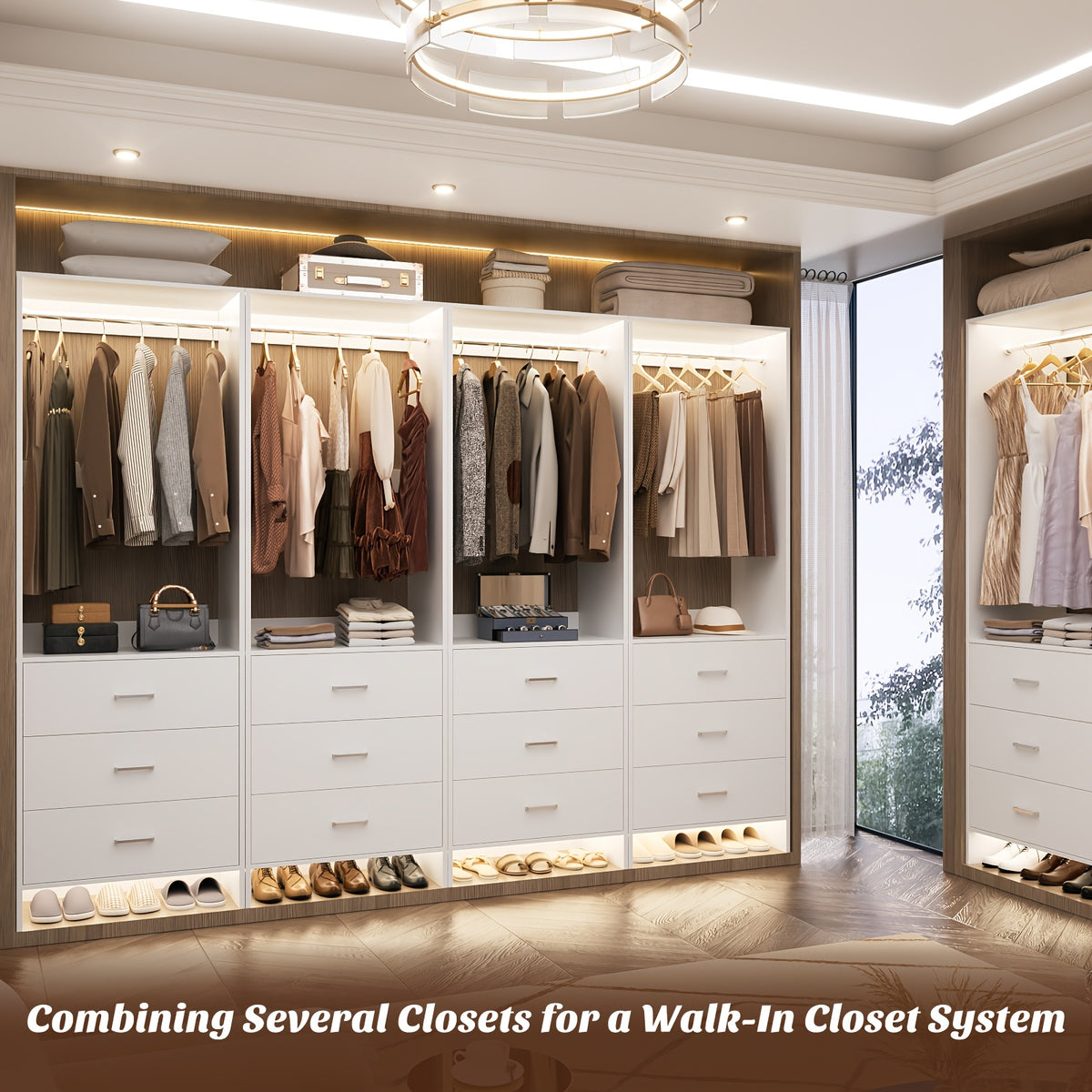 Aheaplus Closet System WithDrawers, Closet Organizer, Wood Closet Organizer System, Walk-in Closet Or Small Closets Wardrobe, Clothes Rack With Hanging Rods