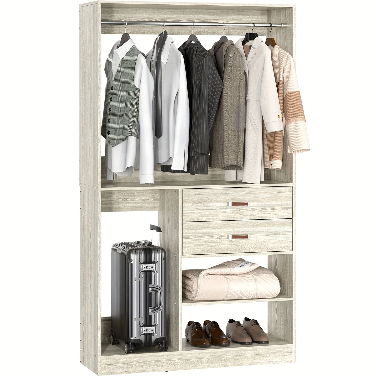 iSunirm Freestanding Closet System With Suitcase Storage, 40 Inches Stand-alone Wardrobe With 2 Wood Drawers, 80'' Height Adjustable Cloth Garment Rack, Walk-in Closet With Hanging Rod