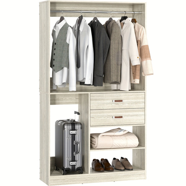 iSunirm Freestanding Closet System With Suitcase Storage, 40 Inches Stand-alone Wardrobe With 2 Wood Drawers, 80'' Height Adjustable Cloth Garment Rack, Walk-in Closet With Hanging Rod