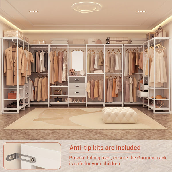 Wooden Closet Organizer Heavy Duty Wooden Closet Rack, Convertible L-Shaped Closet Storage with 3 Wooden Drawers