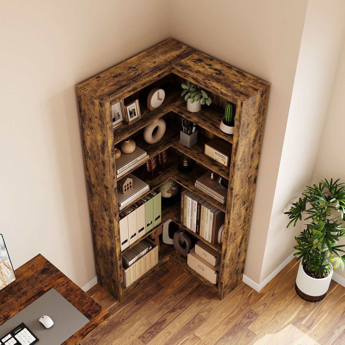 Heavy Duty Corner Bookshelf - Freestanding Storage Shelf with Space-Saving Tiered Design, Sturdy Hardwood Construction, Easy Assembly, Multi-Tier Shelving Unit for Home Office, Living Room, Study - Modern Open Organizer Shelf with -Tip Safety