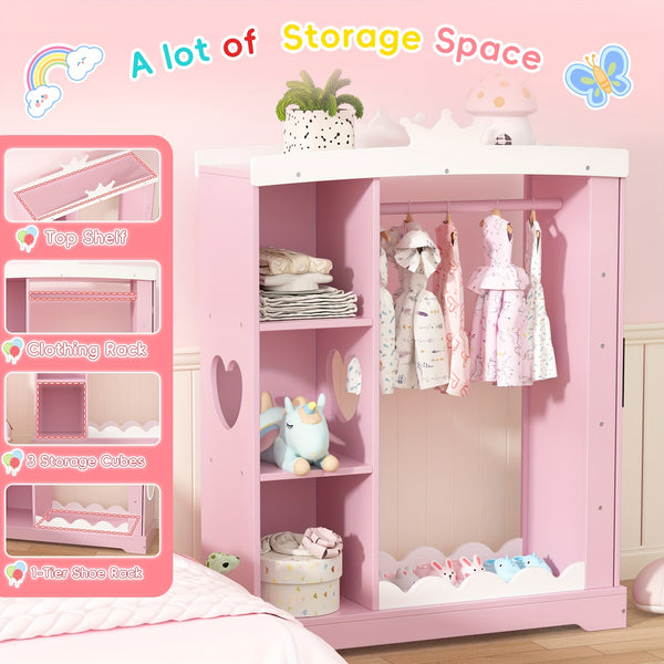 Pink Modern Kids Dress-Up Closet with Dual Mirrors, Jewelry Storage & Crown Top - Sturdy MDF Organizer with Hanging Rod, Shelves & Shoe Storage for Teen Girls Bedroom, 34.6\