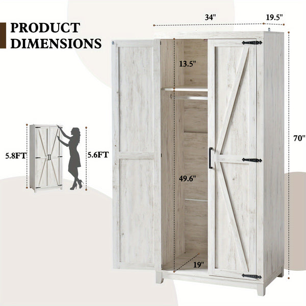 Farmhouse Wardrobe Armoire With 2 Sliding Barn Doors, 71'' Tall Storage Cabinet With Shelf & Hanging Rod, Versatile Cabinet Organizer