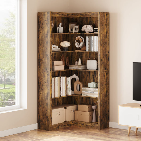 Heavy Duty Corner Bookshelf - Freestanding Storage Shelf with Space-Saving Tiered Design, Sturdy Hardwood Construction, Easy Assembly, Multi-Tier Shelving Unit for Home Office, Living Room, Study - Modern Open Organizer Shelf with -Tip Safety