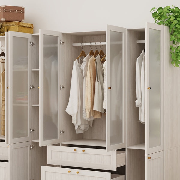 Elegant Armoire Wardrobe Closet With 6 Frosted Glass Doors & 4 Drawers, Wardrobe Closet With Hanging Rods & Shelves, Clothes Storage Cabinet Organizer For Bedroom, Stylish And Modern Design, Warm Grey