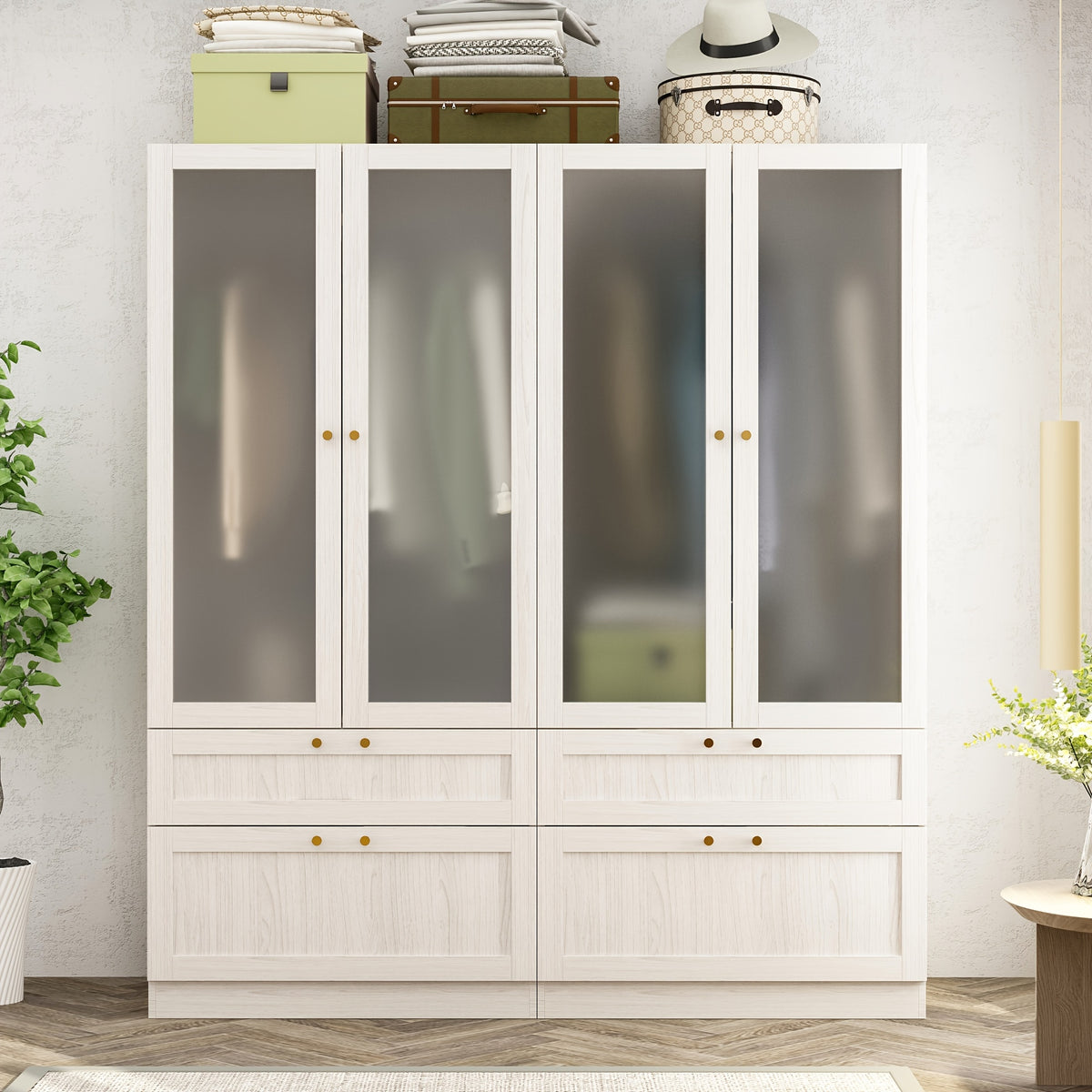 Elegant Armoire Wardrobe Closet With 6 Frosted Glass Doors & 4 Drawers, Wardrobe Closet With Hanging Rods & Shelves, Clothes Storage Cabinet Organizer For Bedroom, Stylish And Modern Design, Warm Grey