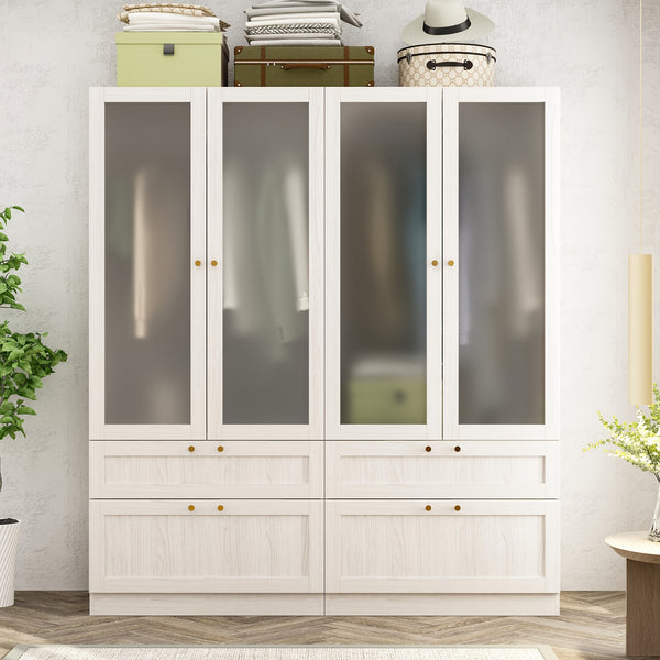 Elegant Armoire Wardrobe Closet With 6 Frosted Glass Doors & 4 Drawers, Wardrobe Closet With Hanging Rods & Shelves, Clothes Storage Cabinet Organizer For Bedroom, Stylish And Modern Design, Warm Grey