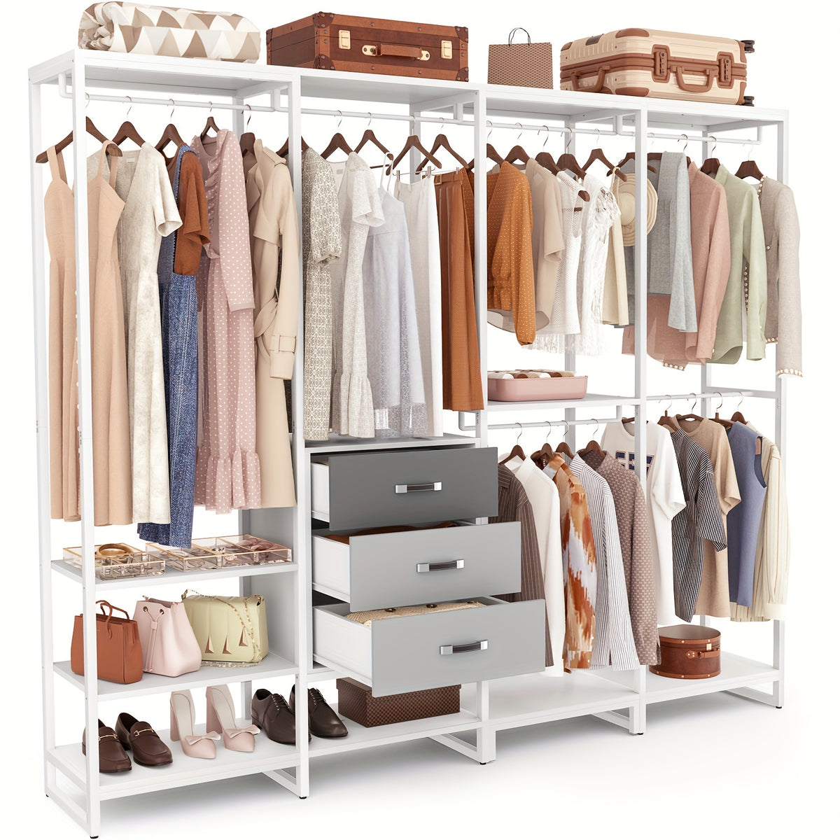 Wooden Closet Organizer Heavy Duty Wooden Closet Rack, Convertible L-Shaped Closet Storage with 3 Wooden Drawers