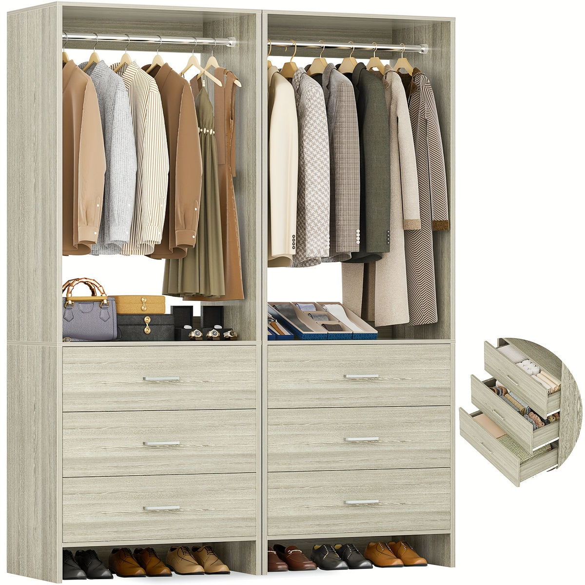 Aheaplus Closet System WithDrawers, Closet Organizer, Wood Closet Organizer System, Walk-in Closet Or Small Closets Wardrobe, Clothes Rack With Hanging Rods