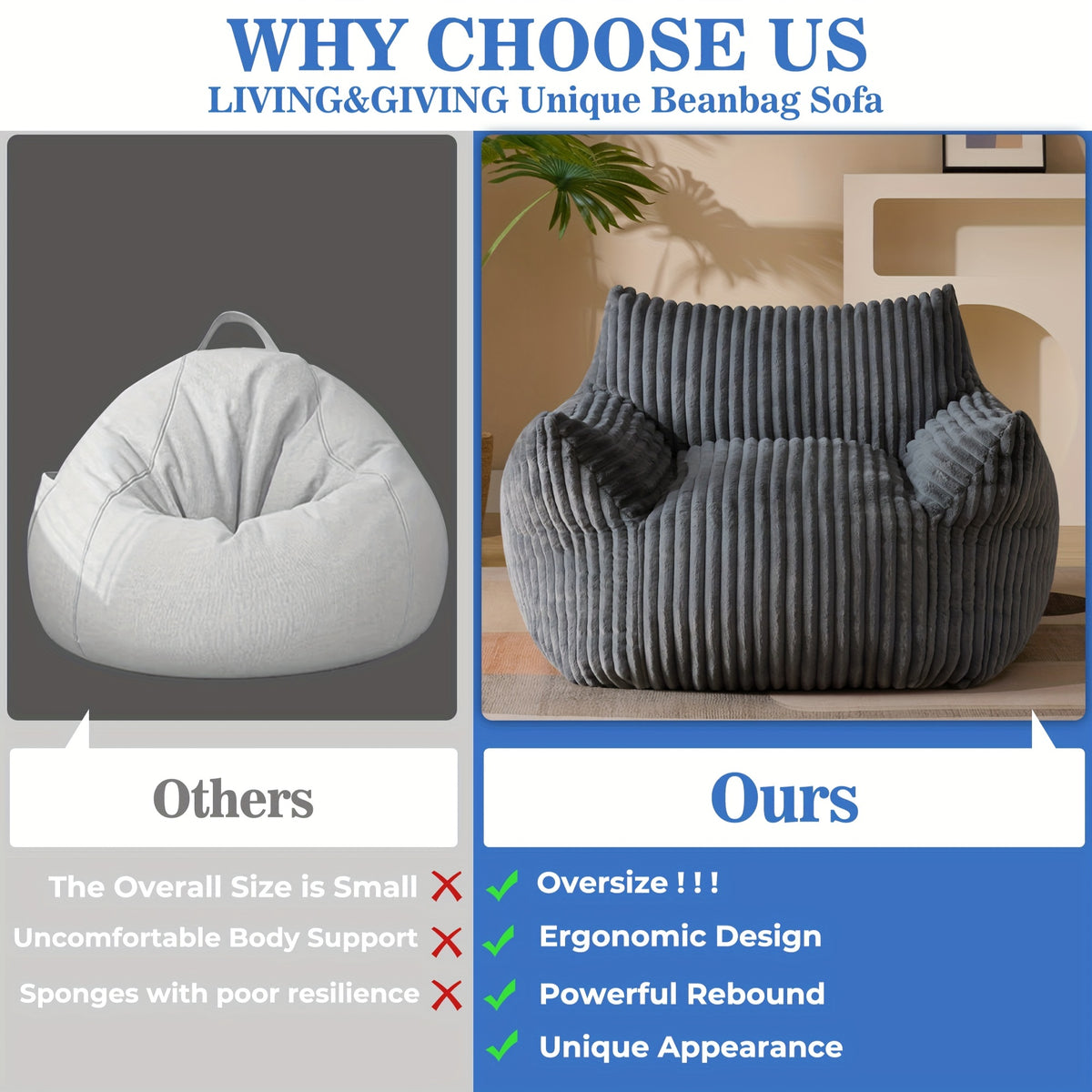 Living&Giving Oversize Bean Bag Sofa, Fireside Chair, Lazy Floor Sofa Couch, Tatami Sofa, Suitable For Living Room Bedroom Office, Warm Best Christmas Gifts For Her\u002FHim (Dark Grey, Beige, Orange)